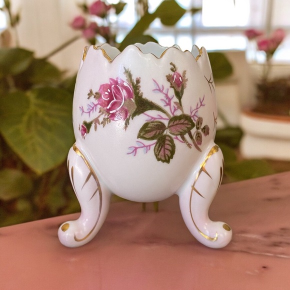 Other - Vintage Napco Porcelain 3-Footed Cracked Egg Vase Pink Rose Gold Trim 3.75”